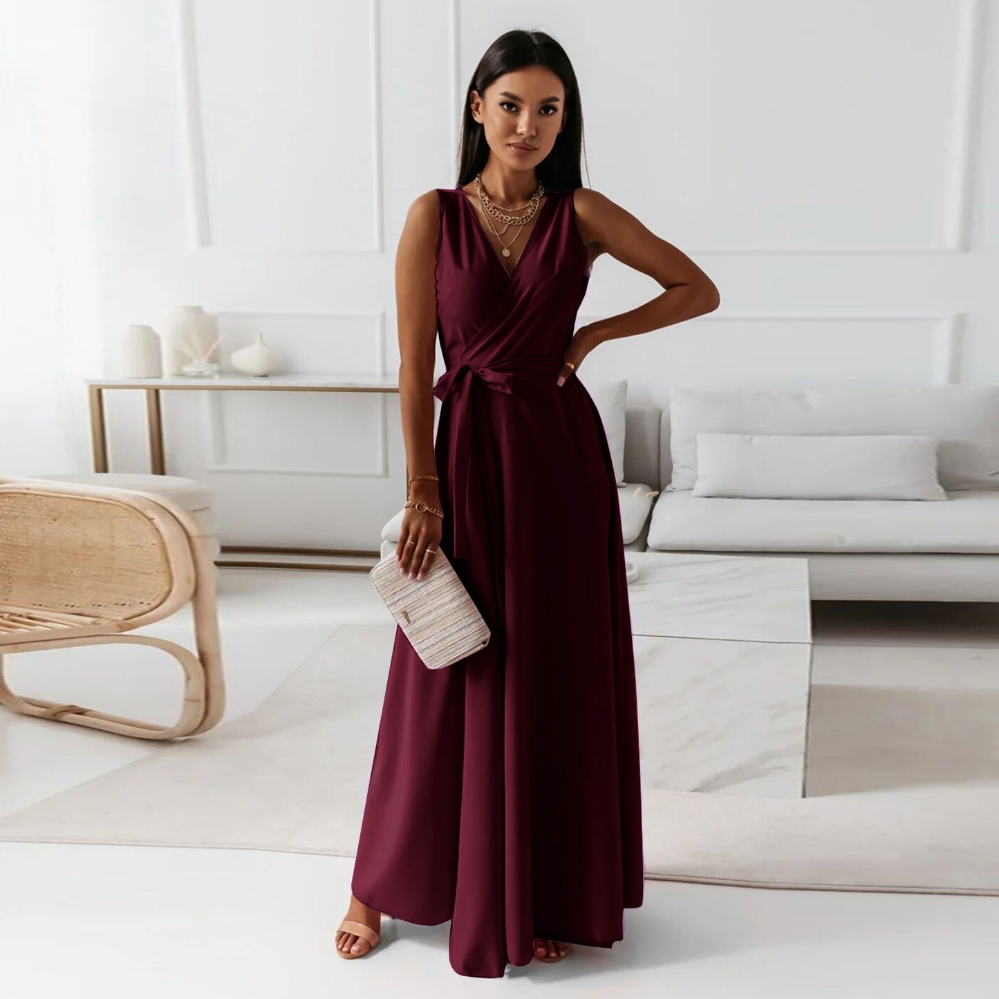 Women's Sleeveless V-Neck Belted A-Line Maxi Dress