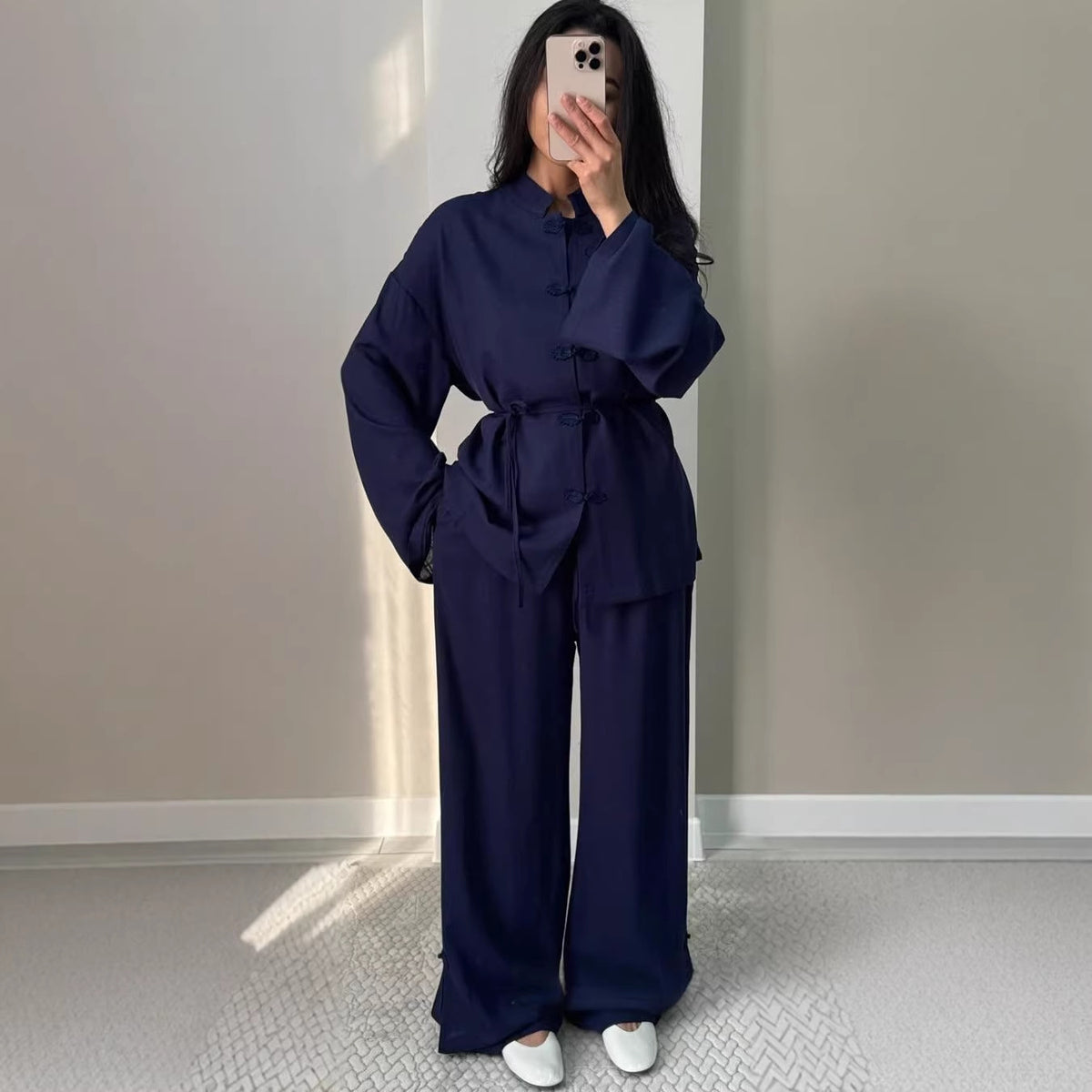 Women Cotton Linen Shirt Wide Leg Pants Set Mandarin Collar