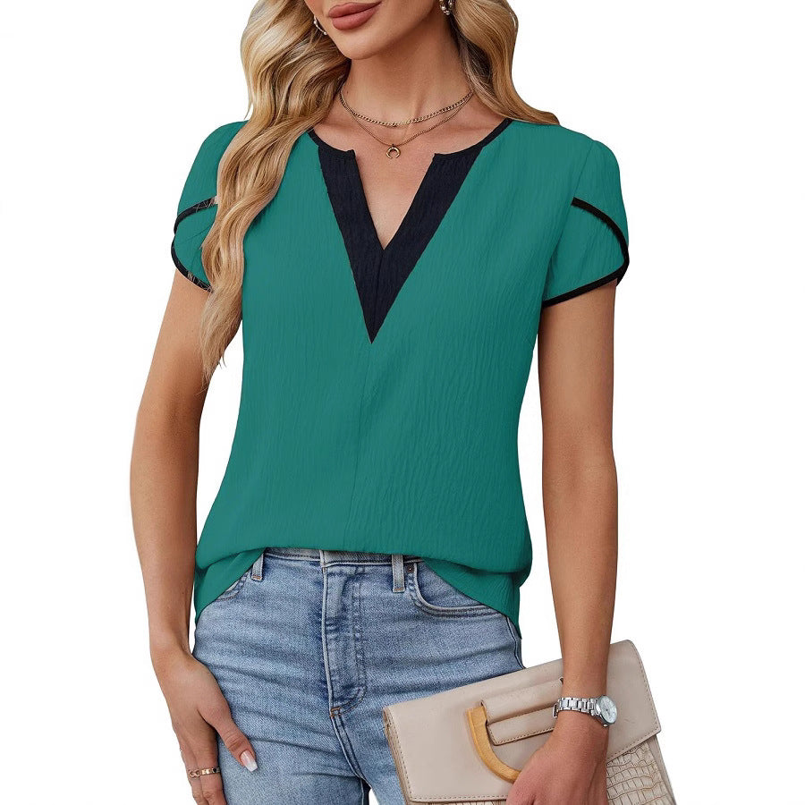 Color Block V Neck Short Sleeve Blouse for Women