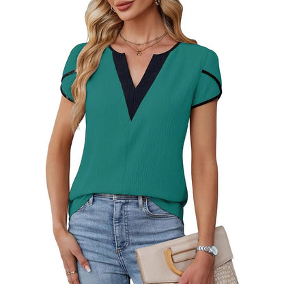 Color Block V Neck Short Sleeve Blouse for Women