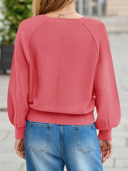 Women's Oversized V-Neck Button Lantern Sleeve Sweater