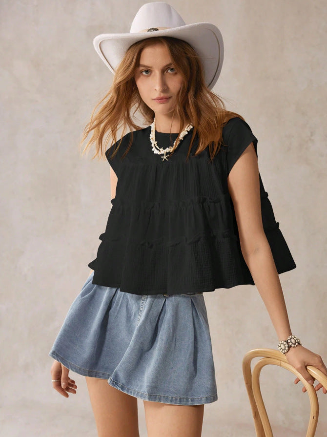 Cotton Tiered Babydoll Blouse Loose Ruffle Summer Top