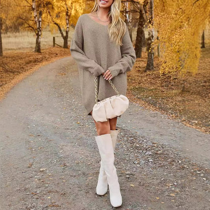 Oversized V Neck Chunky Knit Sweater Dress Long Sleeve