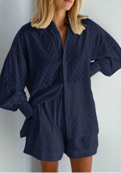 Women's Cotton Jacquard Shirt and Shorts Two Piece Set