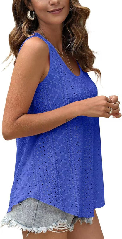 Eyelet Knit Tank Top Sleeveless Loose Fit Summer Top