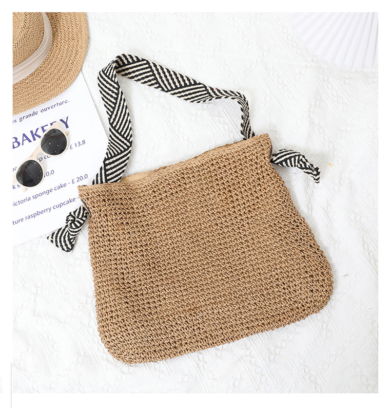 Striped Strap Straw Shoulder Bag Beach Tote for Women