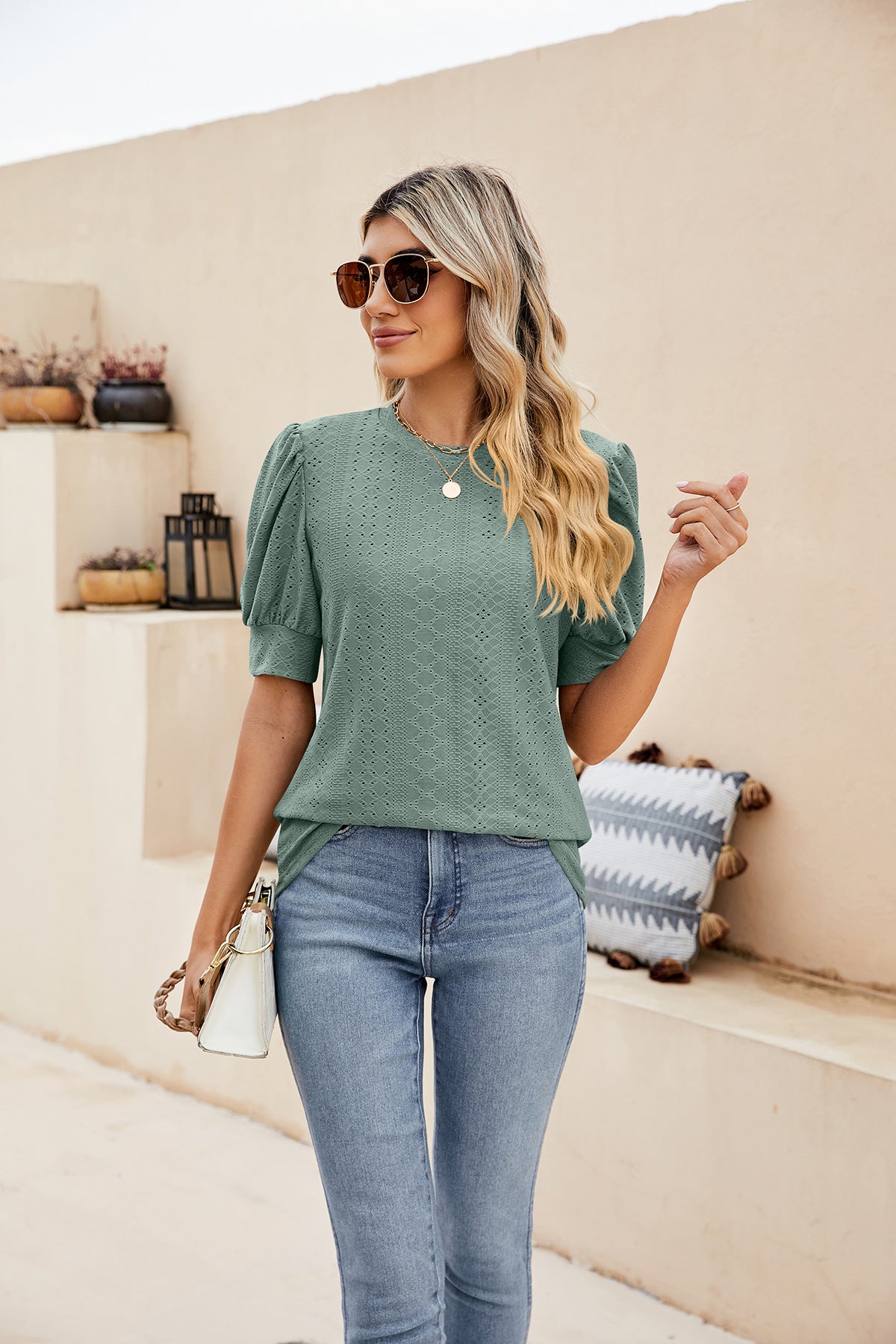 Sweet Puff Sleeve Shirt with Embroidered Cutouts