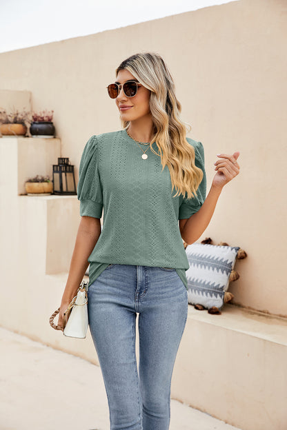 Sweet Puff Sleeve Shirt with Embroidered Cutouts
