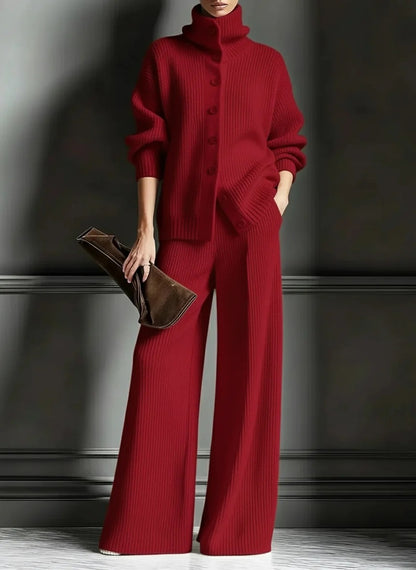 Women's Knit Turtleneck Cardigan Wide Leg Pants Set