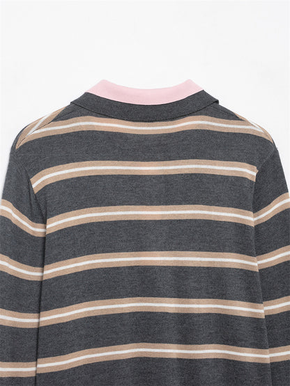 Color Block Striped Polo Cropped Knit Sweater Long Sleeve