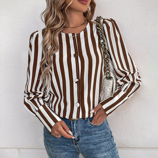 Women's V-Neck Cardigan Striped Contrast Long Sleeve Shirt