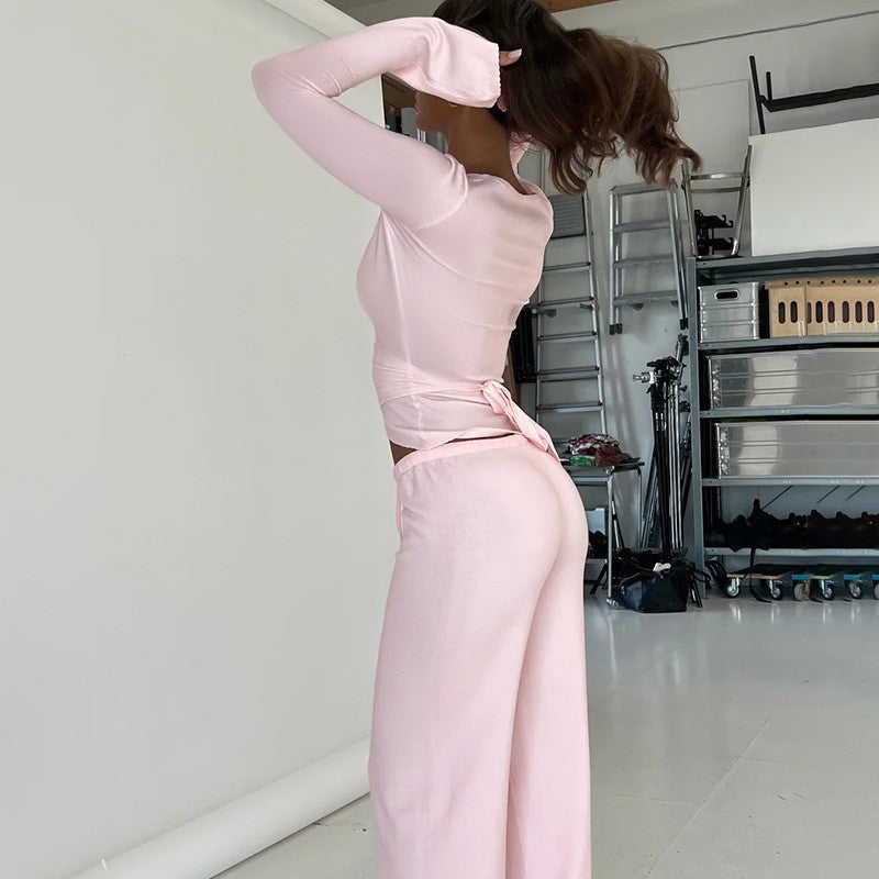 Women Sexy V Neck Wrap Top Wide Leg Pants Two Piece Set