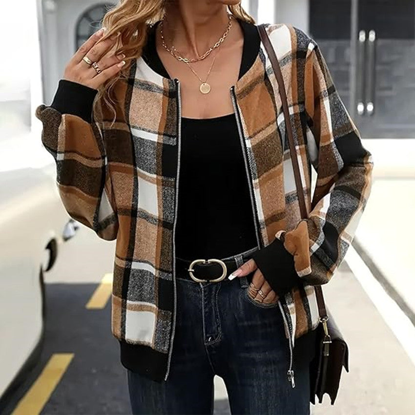 Women's Plaid Zip-Up Bomber Jacket Casual