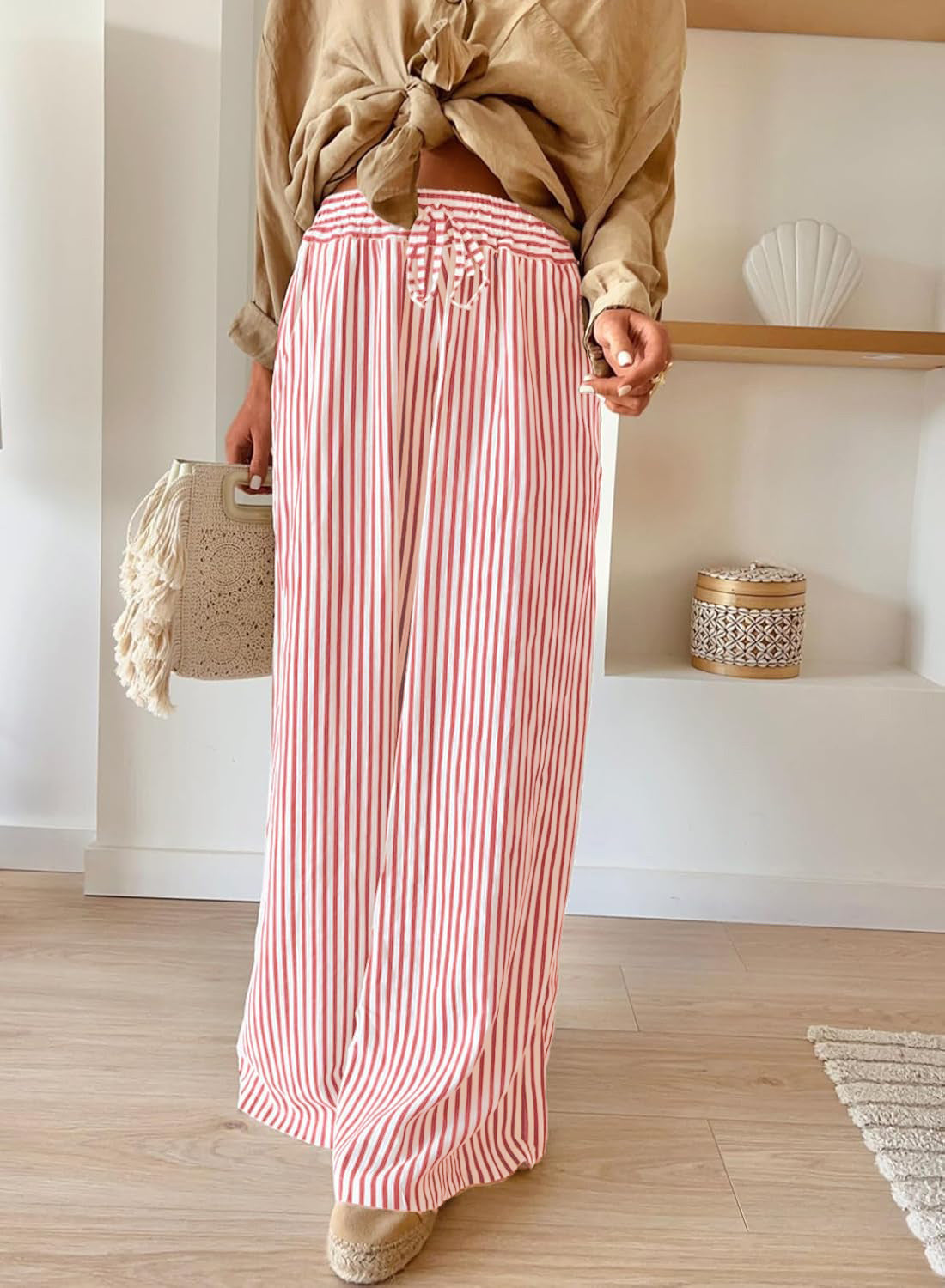 Striped Wide Leg Pants Drawstring Pocket Trousers