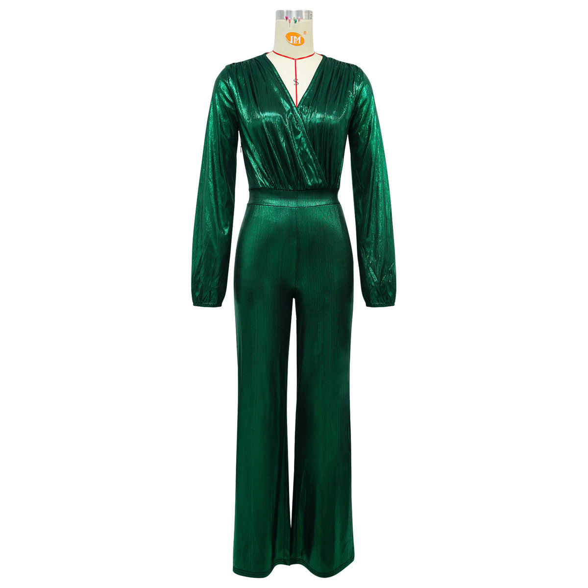Sexy Metallic V-Neck Long Sleeve Flare Jumpsuit
