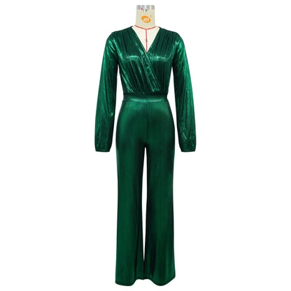 Sexy Metallic V-Neck Long Sleeve Flare Jumpsuit
