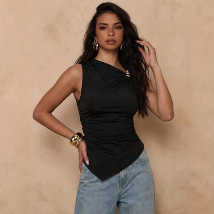 Ruched Asymmetrical Metal Ring Sleeveless Tank Top