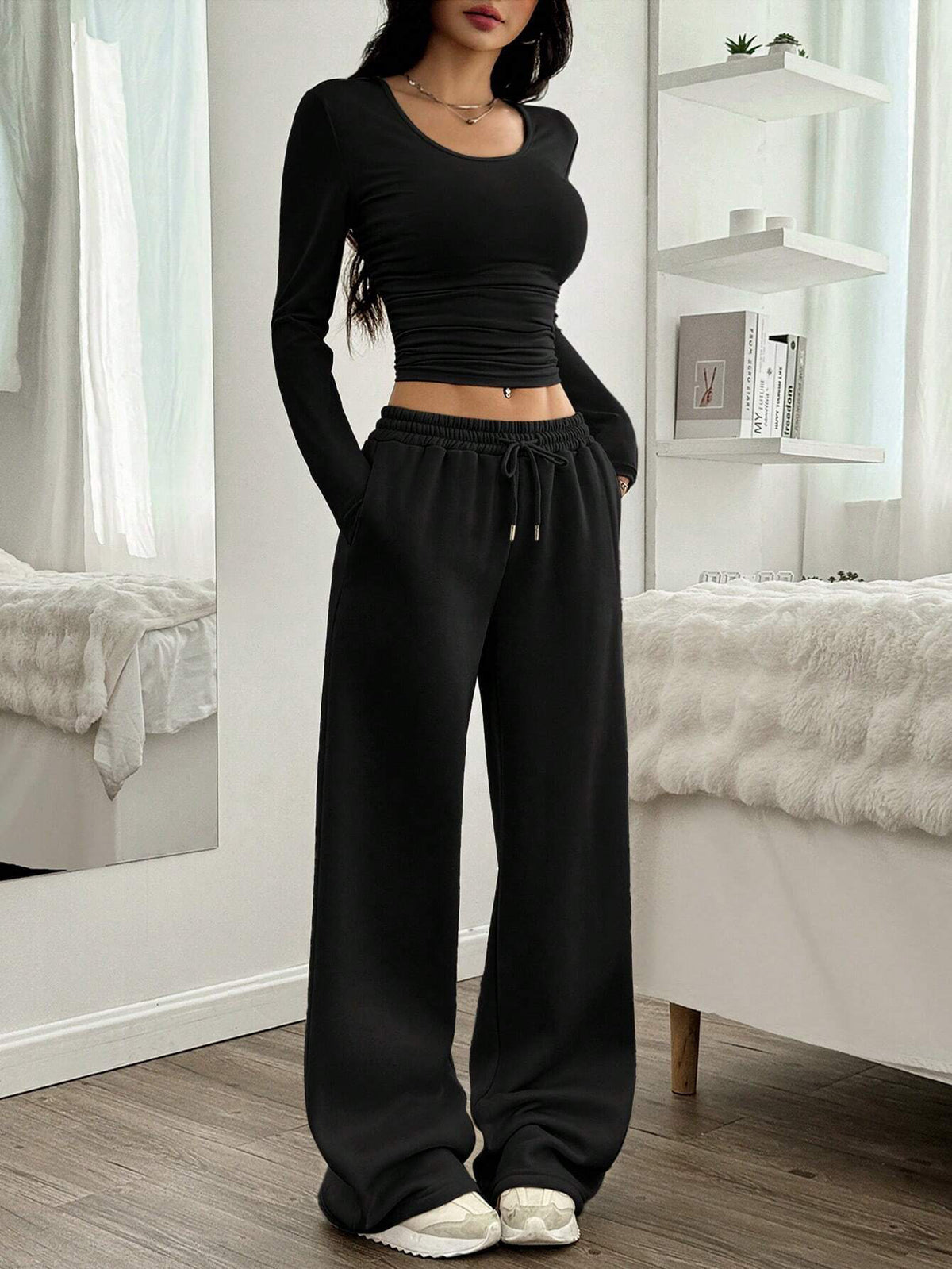 Women's Sexy Crop Top Wide Leg Pants Two Piece Set