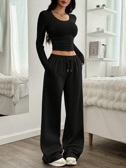 Women's Sexy Crop Top Wide Leg Pants Two Piece Set