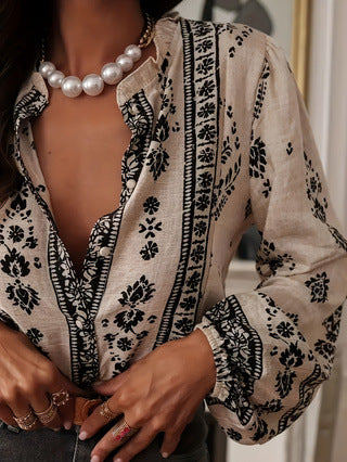 Women's Geometric Print Ruffle V-Neck Long Sleeve Blouse