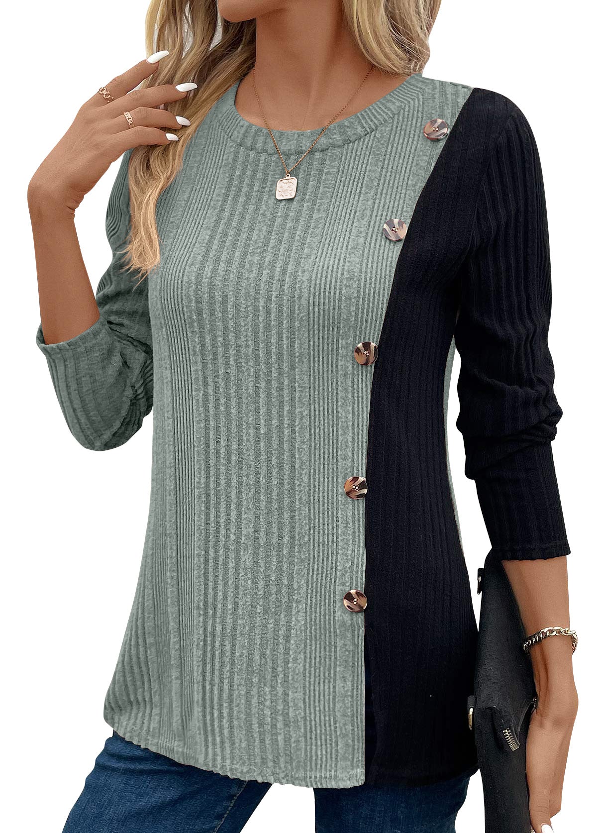 Color Block Button Split Top Casual Long Sleeve Cross-Border