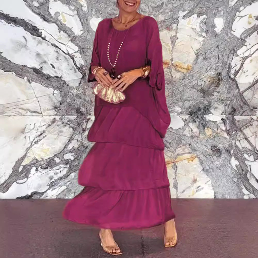 Women's Chiffon Tiered Maxi Dress Batwing Sleeve