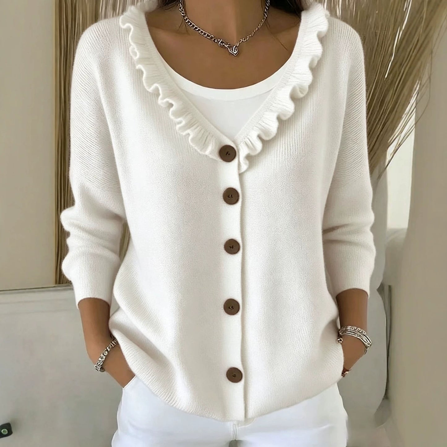 Ruffle Trim V Neck Knit Cardigan Sweater