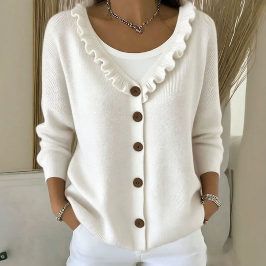 Ruffle Trim V Neck Knit Cardigan Sweater