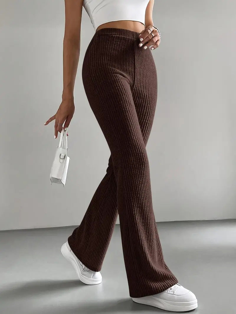 Women's High Waist Ribbed Knit Flare Pants Stretchy Casual