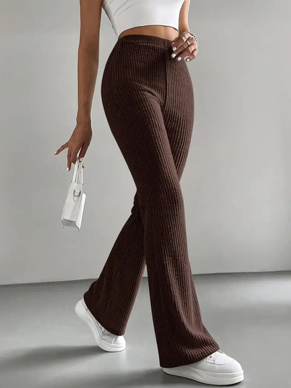Women's High Waist Ribbed Knit Flare Pants Stretchy Casual