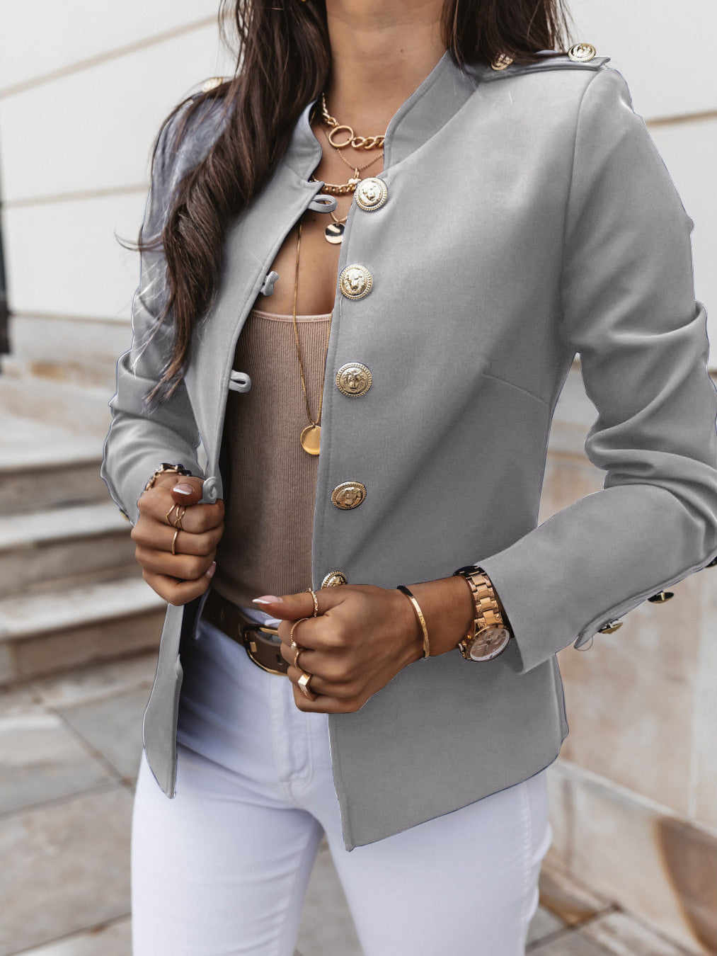 Women's Fitted Cropped Blazer Gold Button Long Sleeve