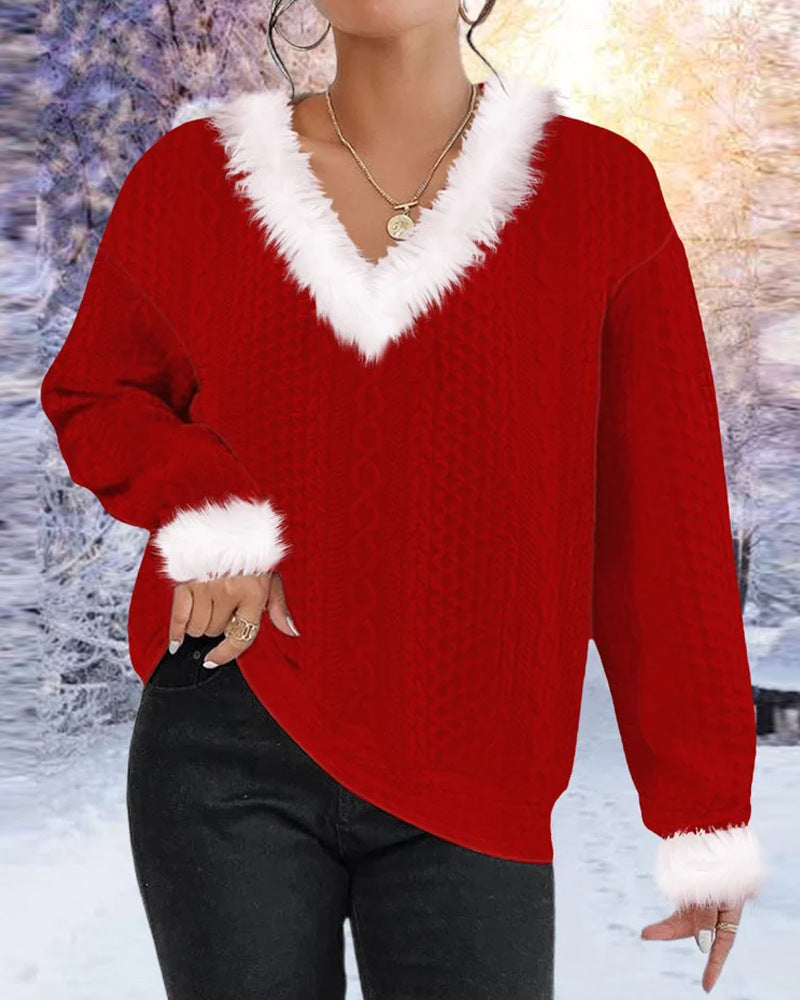Women's Faux Fur V-Neck Cable Knit Christmas Sweater