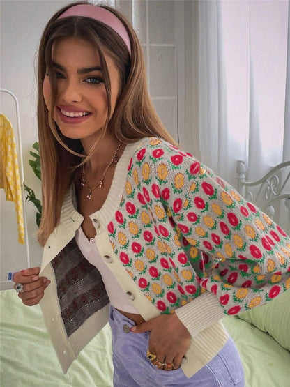 Women's Floral Button Front Crop Cardigan Sweater