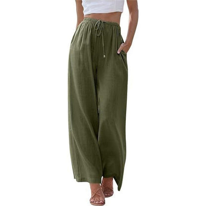 Women's Linen Wide Leg Pants Drawstring Elastic Waist