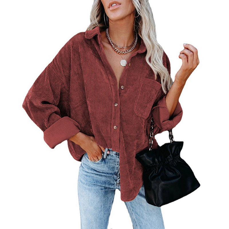 Oversized Corduroy Button-Down Shirt with Chest Pocket