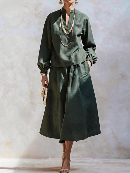 Women's Elegant V Neck Knit Top Midi Skirt Two Piece Set