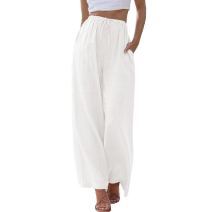 Women's Linen Wide Leg Pants Drawstring Elastic Waist