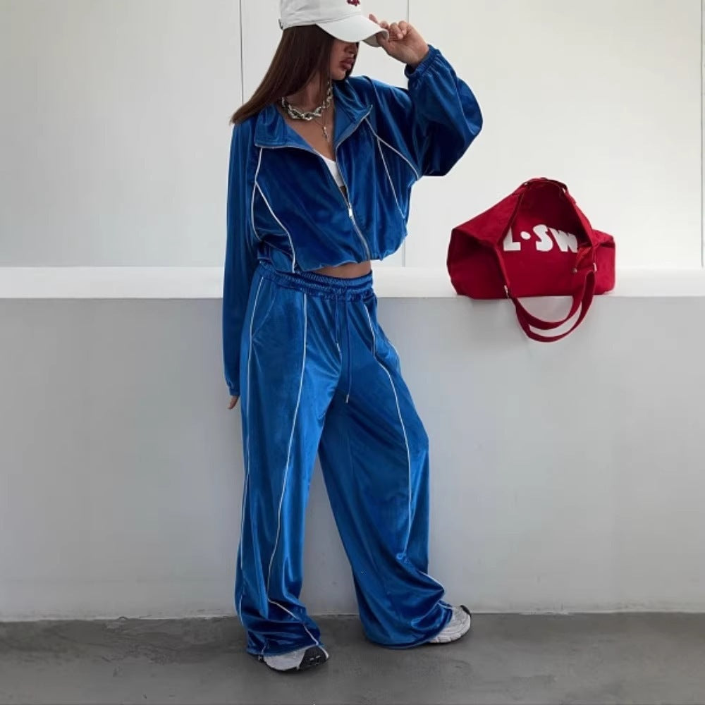 Women's Velour Contrast Piping Two Piece Track Set