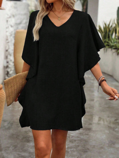 Flowy V-Neck Ruffle Sleeve Summer Dress Loose Fit