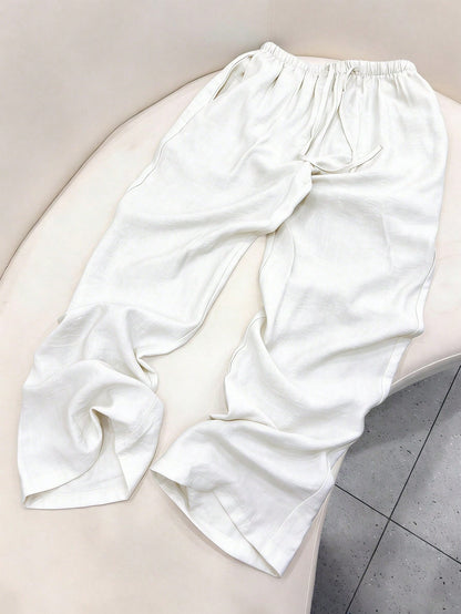 Women Wide Leg Pants Drawstring Elastic Waist Pockets