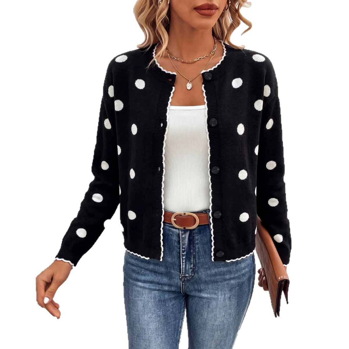 Women's Scalloped Polka Dot Button Front Cardigan