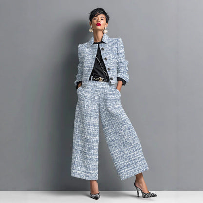 Women's Tweed Cropped Blazer Wide Leg Pants Set