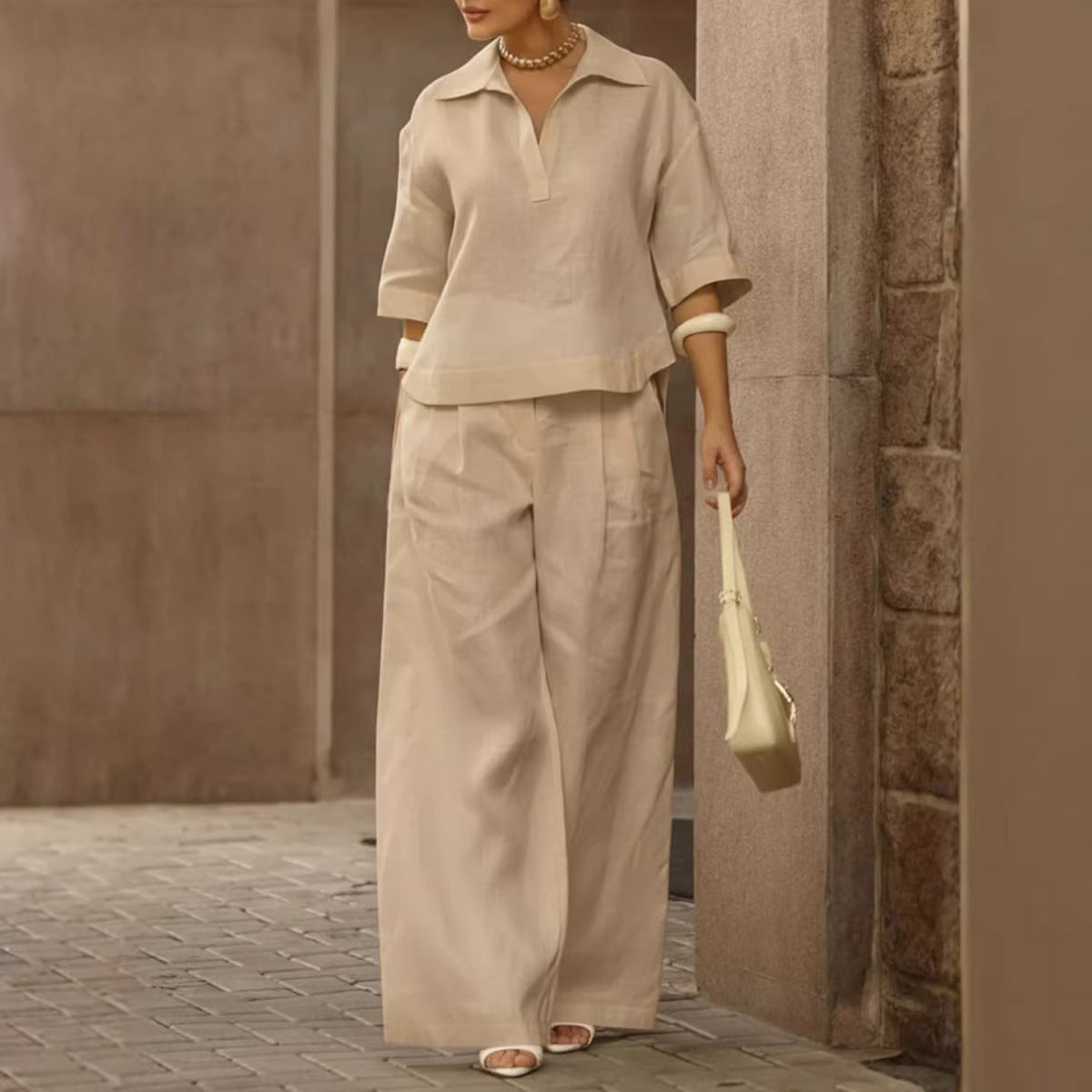 Women's Solid Matching Set Wide Leg Pants Collared Top