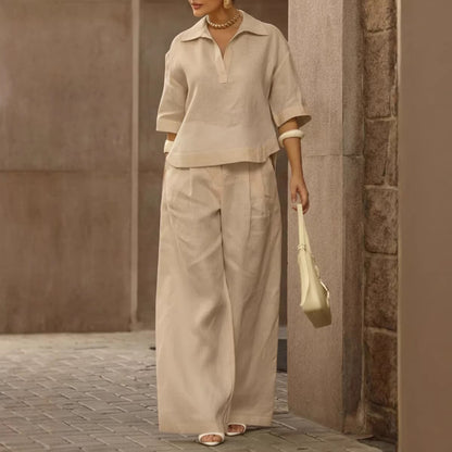 Women's Solid Matching Set Wide Leg Pants Collared Top