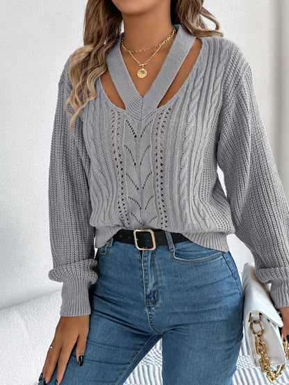 Hollow Out V Neck Cable Knit Lantern Sleeve Sweater