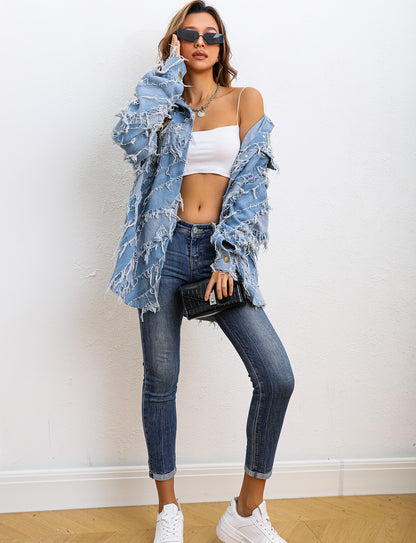 Women's Oversized Fringe Distressed Denim Jacket