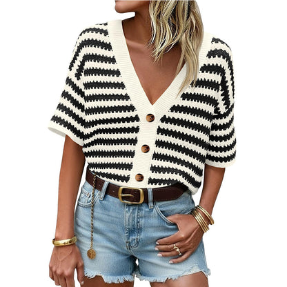 Striped Crochet Cardigan V Neck Button Knit Top