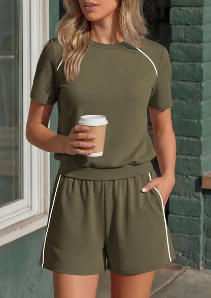 Athletic Lounge Set Contrast Trim Shorts 2 Piece Outfit