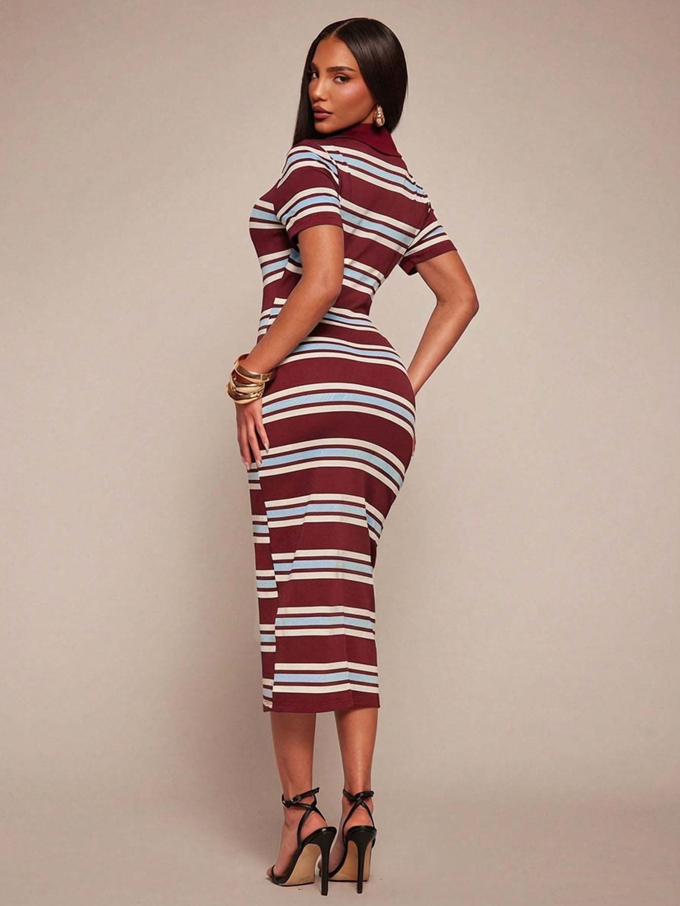 Polo Collar Stripe Bodycon Midi Dress Short Sleeve Casual