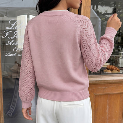 Solid Knit V Neck Sweater Contrast Trim Pointelle Sleeve